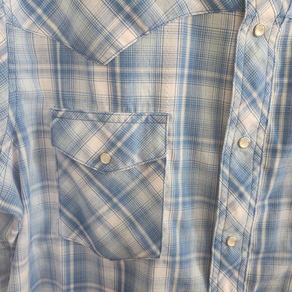 Large Wrangler Mens Western Blue Plaid Short Sleeve Shirt Pearl Snap Buttons - Picture 3 of 12